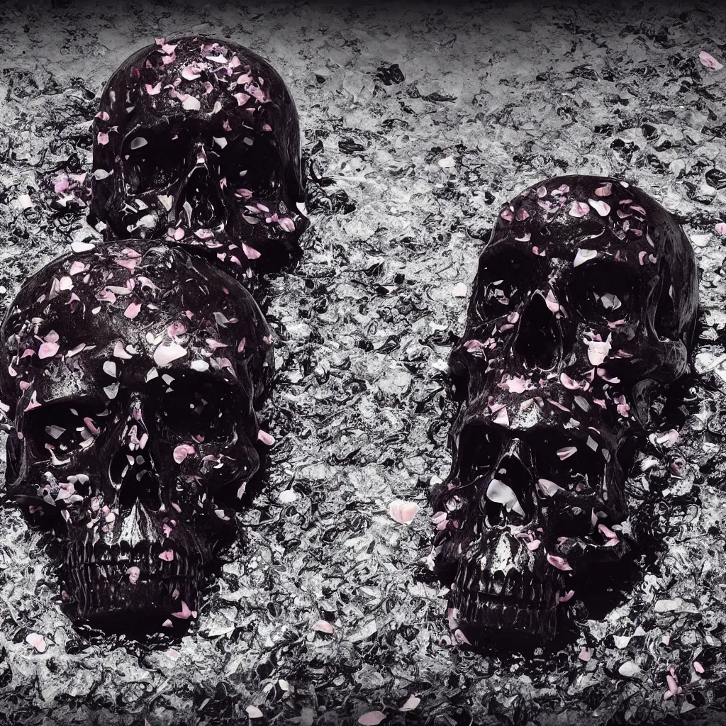Image similar to obsidian skull surrounded by dark water with floating flower petals, octane render, trending on artstation