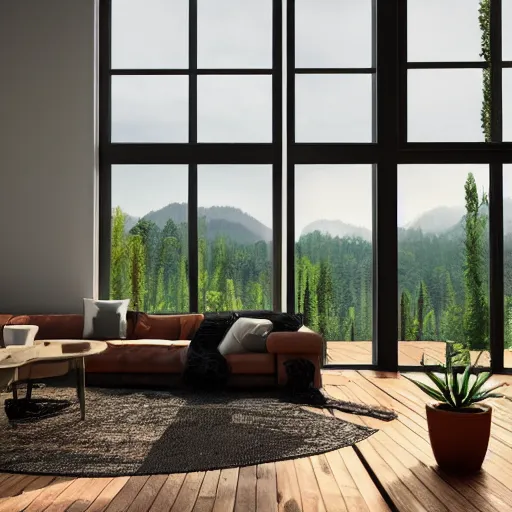 Image similar to a beautiful modern living room with wood floors, large windows with a beautiful view, an area rug, plants, forest, mountains, realistic, hd, 8 k, digital rendering, unreal engine, blender, octane, maya