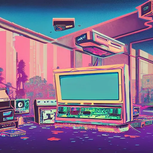 Image similar to a painting of an abandoned video game system, vaporwave arcade, weeds, cyberpunk art by Chris LaBrooy and james gurney, behance contest winner, auto-destructive art, dystopian art, apocalypse landscape, apocalypse art