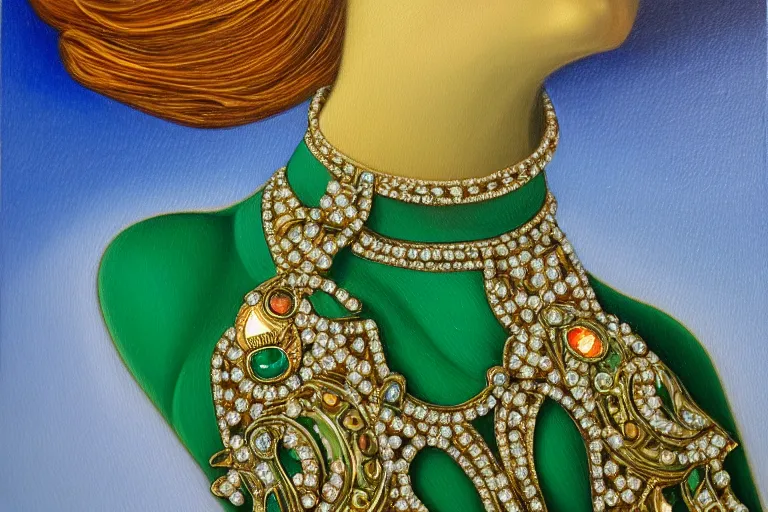 Image similar to highly detailed oil painting, front view, very realistic gemstones, art nouveau, ornate, delicate, brilliant emerald choker, necklace on display, dramatic light,