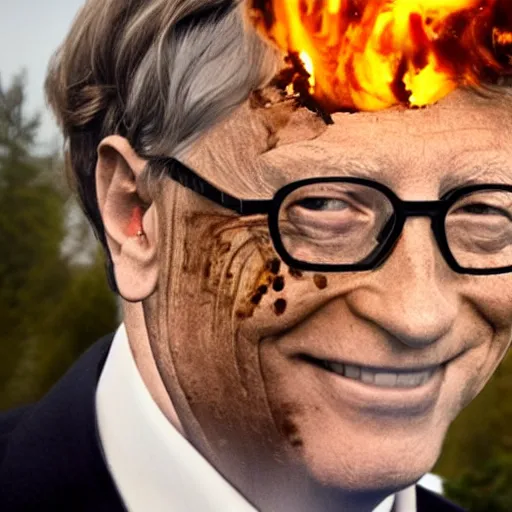 Image similar to a photo of a house burning down in the background with emergency vehicles nearby and bill gates with an eerie smile in the foreground, strong depth of field