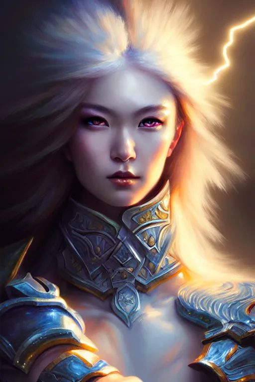 Image similar to oil painting, sakimi chan, white skin, fantasy armor, detailed face, tony sart, wind, lightning, dramatic lighting