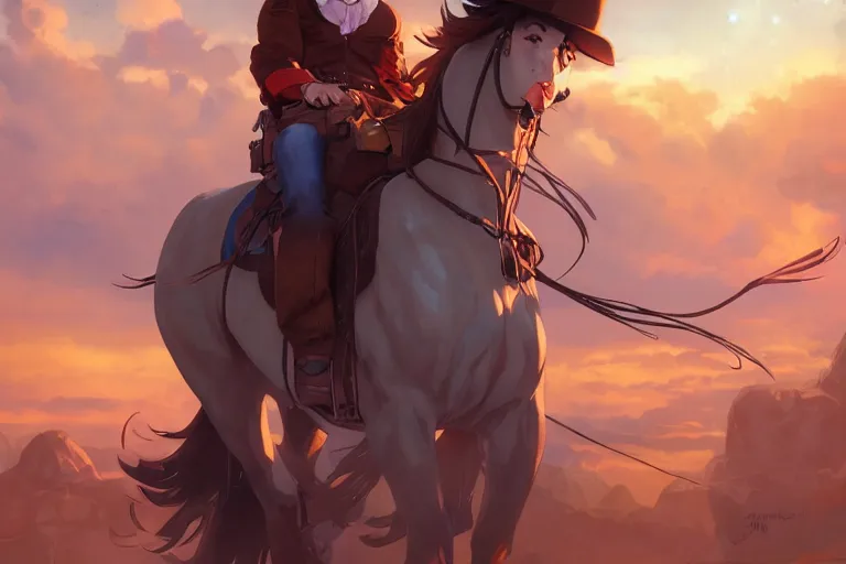 Image similar to western cowgirl, single subject, scenic full shot, ambient starry night lighting, detailed face, by makoto shinkai, stanley artgerm lau, wlop, rossdraws