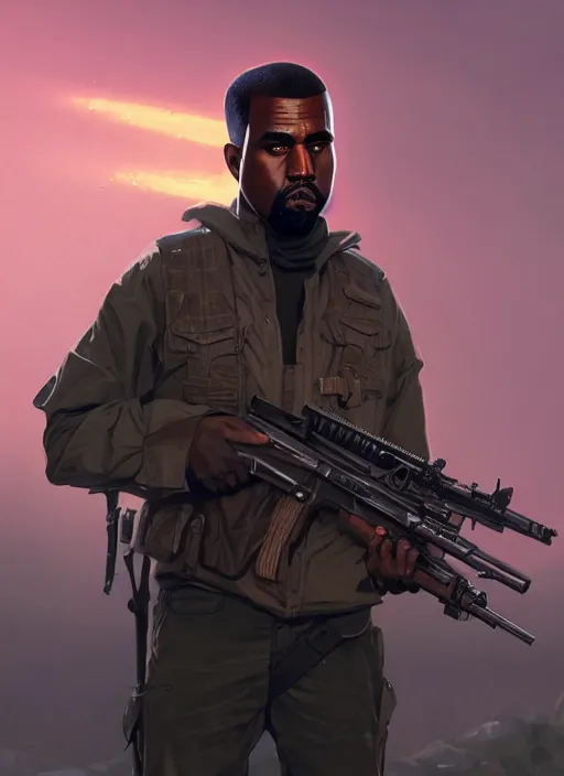 Prompt: highly detailed portrait kanye west holding rifle in gta v stephen bliss unreal engine fantasy art by greg rutkowski loish rhads ferdinand knab makoto shinkai lois van baarle ilya kuvshinov rossdraws tom bagshaw global illumination radiant light detailed intricate environment