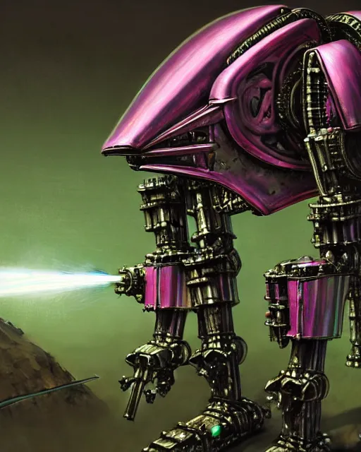 Prompt: hyperrealistic hyperdetailed medieval mecha iridescent pink covered in medieval type battle war concept art santiago caruso de chirico sharp very dramatic green light 8k low angle shallow depth of field