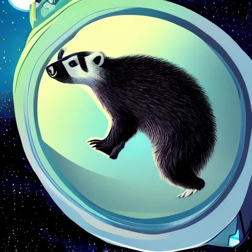 Image similar to a badger looking wistfully out of a spaceship window, sci-fi illustration,