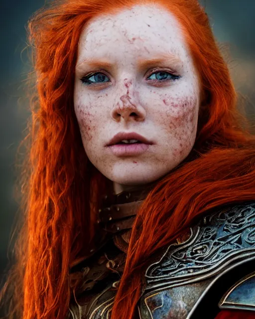 Image similar to north female warrior, red hair, ginger hair, long hair, fantasy, female Viking, high detailed, photography, cloudy, lightweight leather armour, Scandinavia, plain, detailed face, cute face, look into the distance, professional model, glowing skin, serious face, full body, professional photographer, masterpiece, extremely detailed, professional camera, 50 mm, 8k, 3D