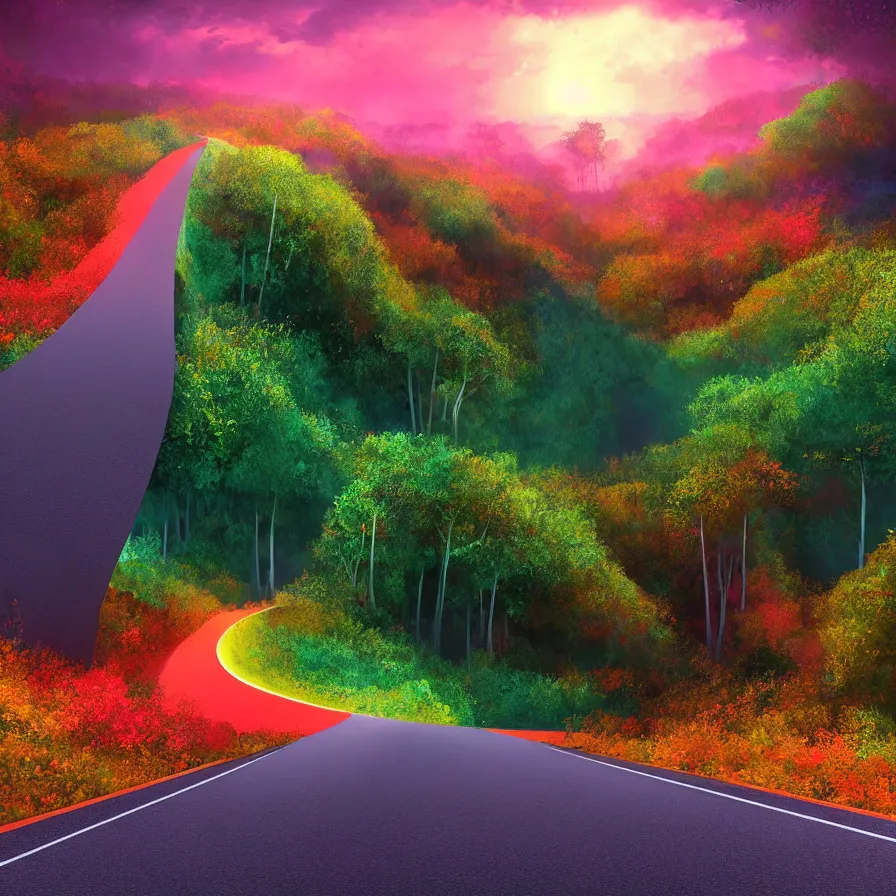 Prompt: surreal semiabstract artwork of a highway road leading to the horizon through a thick forest down a rocky mountain coast towards the sunset. atmospheric good vibes. colorful psychedelic, ultra realistic, concept art, modern art, photorealistic, octane render, 8 k, unreal engine. art by nori inoguchi and sam kaplan and zachary goulko and christopher marley