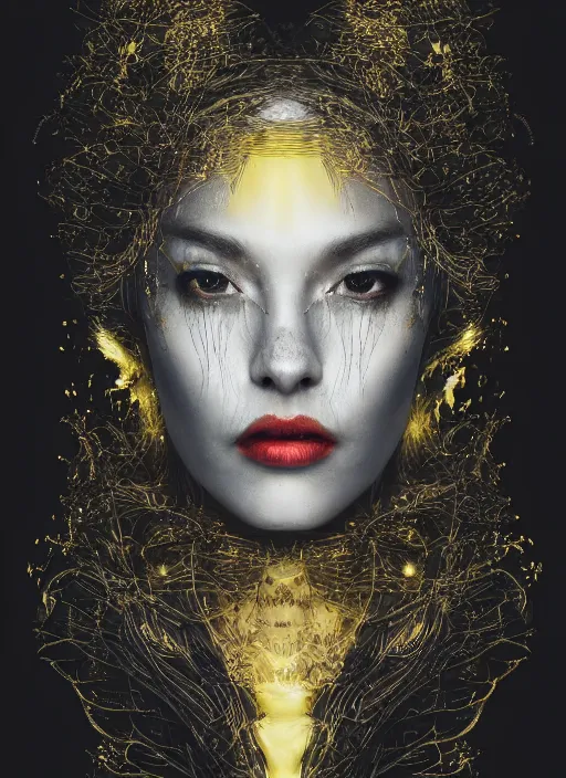 Image similar to glowing silver and golden elements, full close-up portrait, vector dark witch from unsplash, book cover, green forest, white moon, red lips, establishing shot, extremly high detail, photo-realistic, cinematic lighting, pen and ink, intricate line drawings, by Yoshitaka Amano, Ruan Jia, Kentaro Miura, Artgerm, post processed, concept art, artstation, matte painting, style by eddie mendoza, raphael lacoste, alex ross