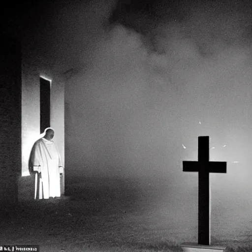 Prompt: award - winning photograph of john paul ii standing in the entrance to a small burning church building, at night, pitch black, christian cross