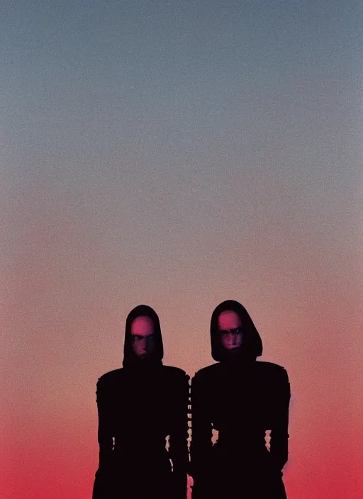 Image similar to cinestill 5 0 d photographic portrait of two loving female androids wearing rugged black techwear on a desolate plain with a red sky in front of a brutalist structure, extreme closeup, cyberpunk style, dust storm, 8 k, hd, high resolution, 3 5 mm, f / 3 2, ultra realistic faces, ex machina