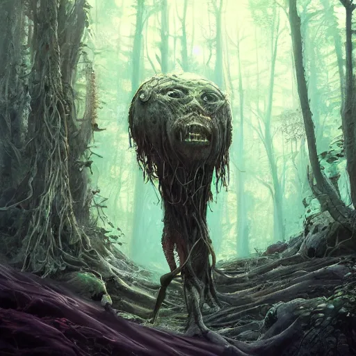 Image similar to highly detailed creepy forest humanoide creature, stephen bliss, unreal engine, fantasy art by greg rutkowski, loish, rhads, ferdinand knab, makoto shinkai and lois van baarle, ilya kuvshinov, rossdraws, tom bagshaw, global illumination, radiant light, detailed and intricate environment