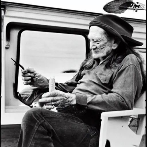 Image similar to willie nelson having a smoke in his trailer.