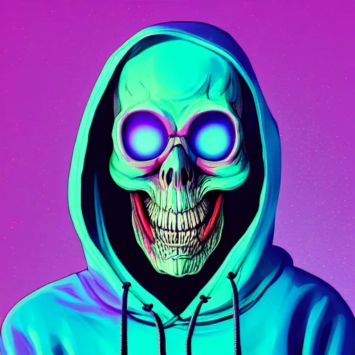 Image similar to swatcat skeletor in hoodie, portrait, vaporwave, synthwave, neon, vector graphics, cinematic, volumetric lighting, f 8 aperture, cinematic eastman 5 3 8 4 film, photorealistic