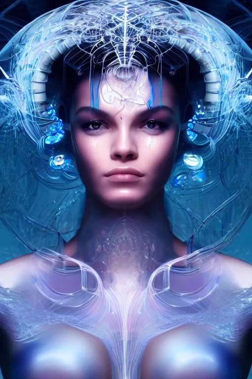 Image similar to a centered profile render of an alluring futuristic goddess with digital modifications surrounded by a underwater ink pour and flowing liquid gallium and complex sacred geometry, perfect body and face, powerful, cinematic, beautifully lit, by artgerm, by karol bak, 3 d, trending on artstation, octane render, 8 k