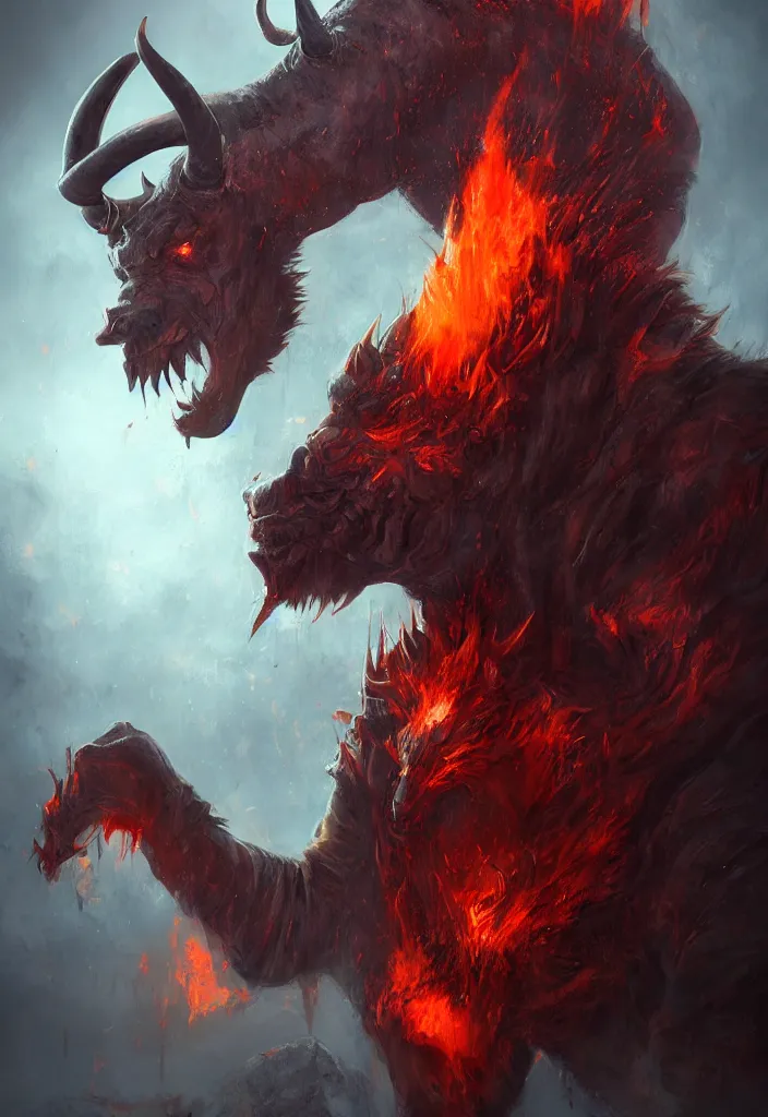 Prompt: a portrait of a gigantic minotaur as a demon in a fiery hell, eerie, dark, magical, fantasy, trending on artstation, digital art.