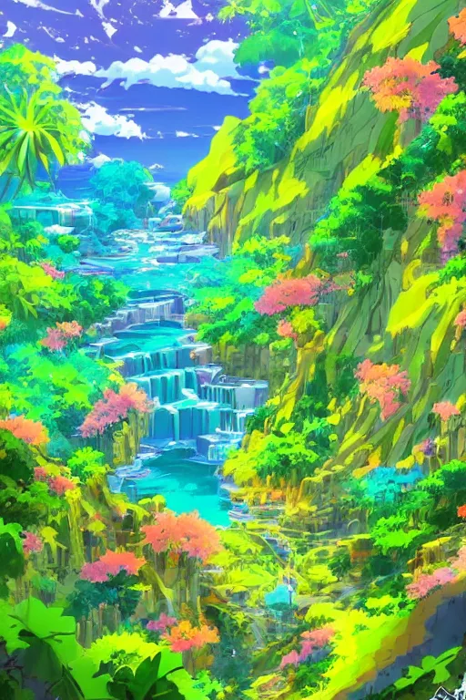 Image similar to landscape of an anime style with tropical flowers and waterfalls neon colors, bird eye view, bove rule of thirds golden ratio, fake detail, trending pixiv fanbox art by todd mcfarlane