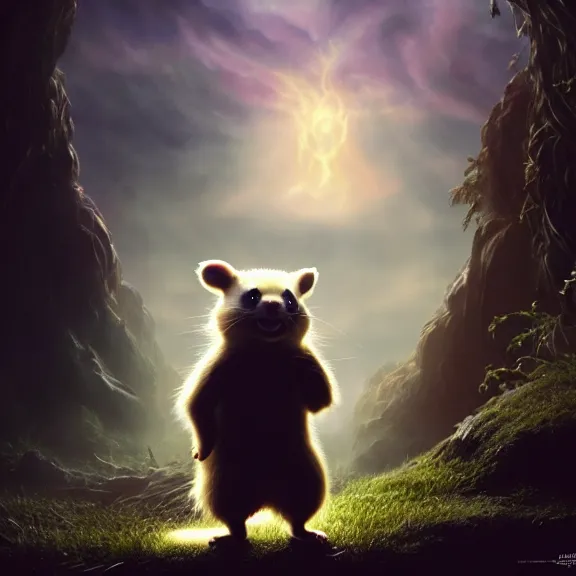 Image similar to a movie still from final fantasy live action, a ferret from detective pikachu, evocative, mystical night, sharp focus, very very very very detailed, award winning, masterpiece digital painting by greg rutkowski, alex grey, marc adamus, beautiful dramatic lighting, artstation, 4 k wallpaper, style by peter deligdisch, peterdraws