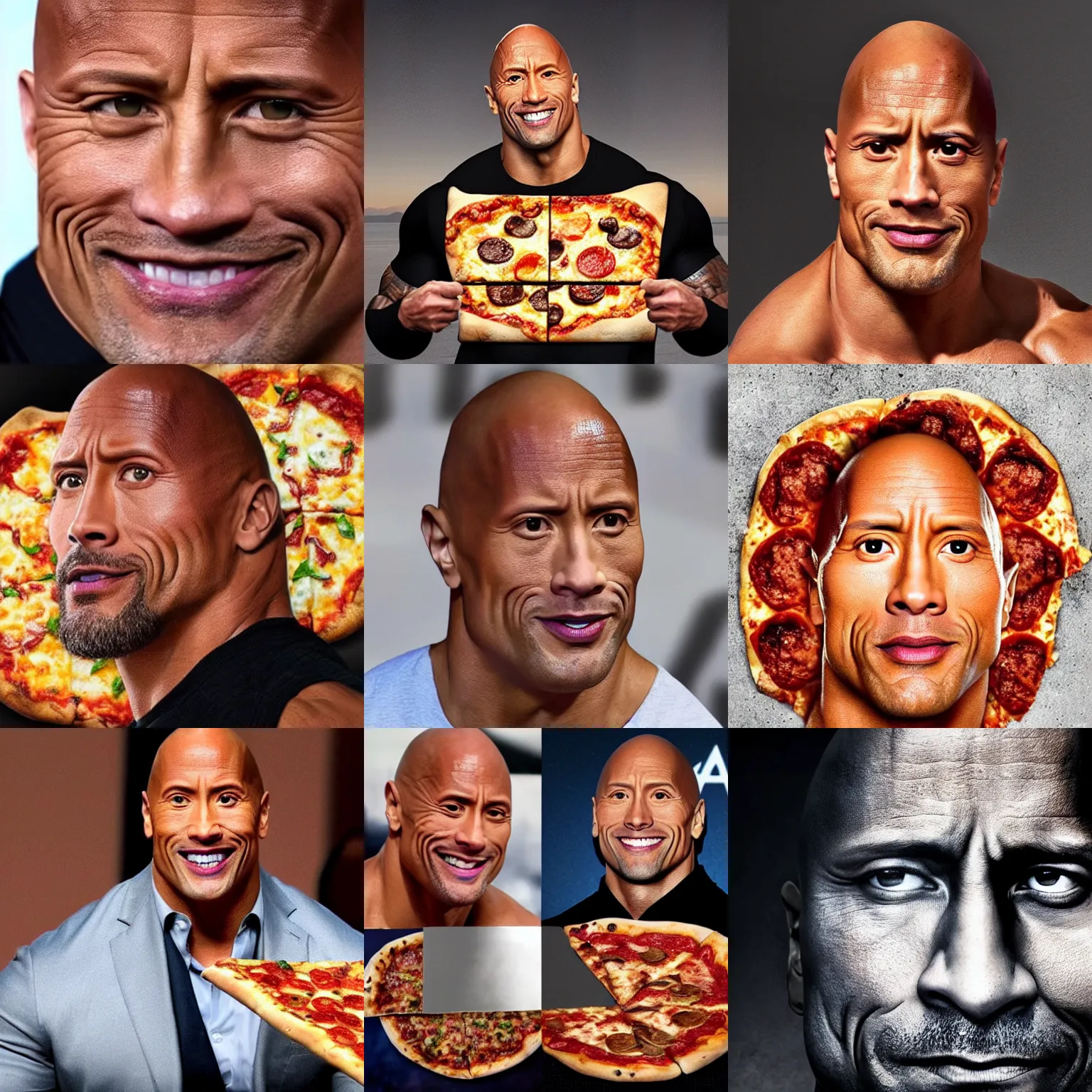 Prompt: dwayne johnson's face emerges!!! from the middle of a pizza