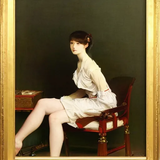 Prompt: painting by frederic edwin church, balaskas christoper, conrad roset, coby whitmore, and chie yoshii. of a pretty cute kawaii japanese girl sitting on antique chair leaning against a desk, sideview, victorian room