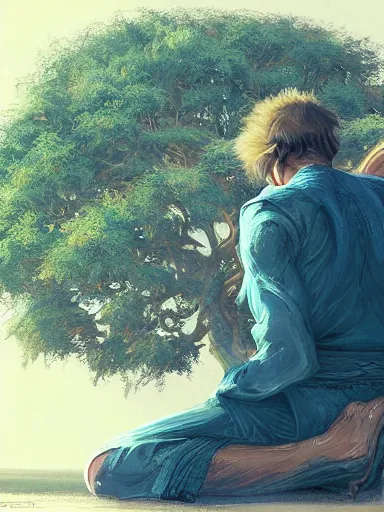 Image similar to a grumphy man, legs and arms crossed, sitting under a bodhi tree. intricate, elegant, highly detailed, digital painting, artstation, concept art, sharp focus, illustration, by justin gerard and artgerm, 8 k
