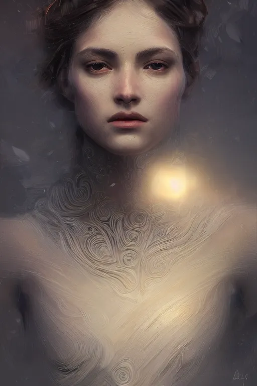 Image similar to greek goddess of ai art, close - up portrait, powerfull, intricate, elegant, volumetric lighting, scenery, digital painting, highly detailed, artstation, sharp focus, illustration, concept art, ruan jia, steve mccurry