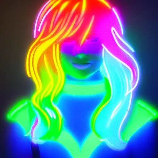 Image similar to a neon head sign of kim petras glowing rainbow neon energy, artstation trending