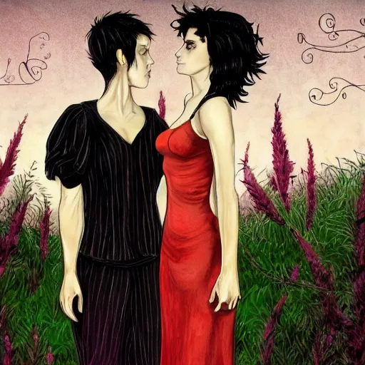 Image similar to stoic heroic emotionless blond butch tomboy woman, standing side by side with taller goth black - haired dark fae jennifer connelly, in love, romantic in romantic garden at night, mike mignogna, illustration, pen and ink, oil painting, highly detailed, sci fi, dreamy and romantic