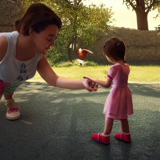 Prompt: a bird helping a little girl with learning to walk, 4k, hyperrealistic, focused, extreme details, masterpiece, unreal engine 5