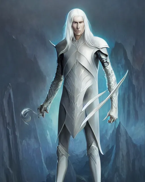 Image similar to character portrait of a slender young white haired half elven man with piercing blue eyes and pale bluish skin, wearing smooth sleek pearlescent black wraithbone armor, by greg rutkowski and mark brookes and jim burns and tom bagshaw and magali villeneuve, trending on artstation