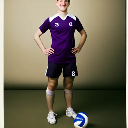 Image similar to photographic portrait by Annie Leibovitz of a young white male smiling with short brown hair that sticks up in the front, dark eyes, groomed eyebrows, tapered hairline, sharp jawline, wearing a purple white volleyball jersey, sigma 85mm f/1.4, 15mm, 35mm, 4k, high resolution, 4k, 8k, hd, full color