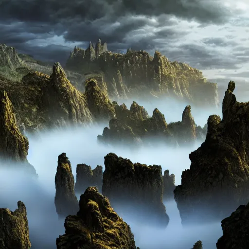Prompt: basalt cliffs with lot of clouds fantasy landscape, high detail, fantasy art, concept art, 4 k, ultra detail, computer art