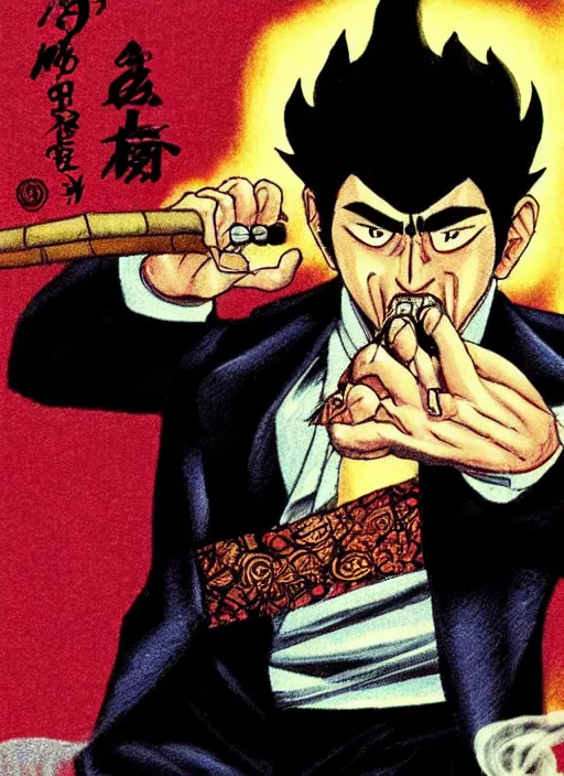 Image similar to heihachi!!!!!!! mishima dressed formally, smoking a cigar, drawn in the style of keisuke itagaki, manga illustration, tekken