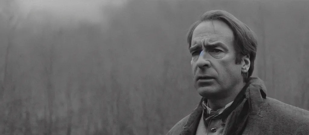 Image similar to A still of Saul Goodman in an Andrei Tarkovsky film, black and white, gloomy