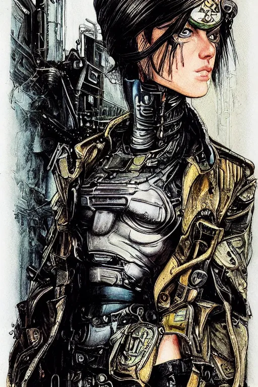 Prompt: a mixed media full-color fineliner drawing of a strong young alien female police officer clothed in ironpunk death metal riot gear, beautiful symmetrical facial features, intricate, elegant, ornate, ultra-detailed mixed painting, fantasy art, smooth, sharp focus, illustration, from Blade Runner, by Adam Hughes, Travis Charest, Karol Bak and Bill Sienkiewicz and Epic Illustrated and Thomas Kinkade