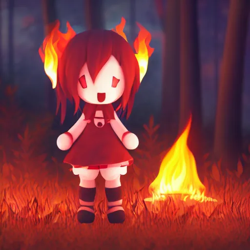 Prompt: cute fumo plush manic happy pyromaniac girl giddily starting a huge bonfire in the forest, stylized pbr anime shader, burning flames, warm glow and volumetric smoke vortices, filmic, rule of thirds composition, vignette, vray