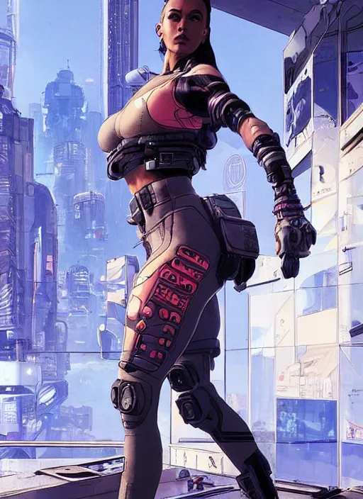 Image similar to apex legends cyberpunk fitness babe. concept art by james gurney and mœbius. gorgeous face, cinematic, dramatic lighting ( cyberpunk 2 0 7 7 ), clean aesthetic