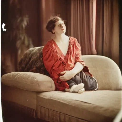 Image similar to a vintage 1 9 1 0 s kodachrome slide of a young woman at home sitting on a couch.