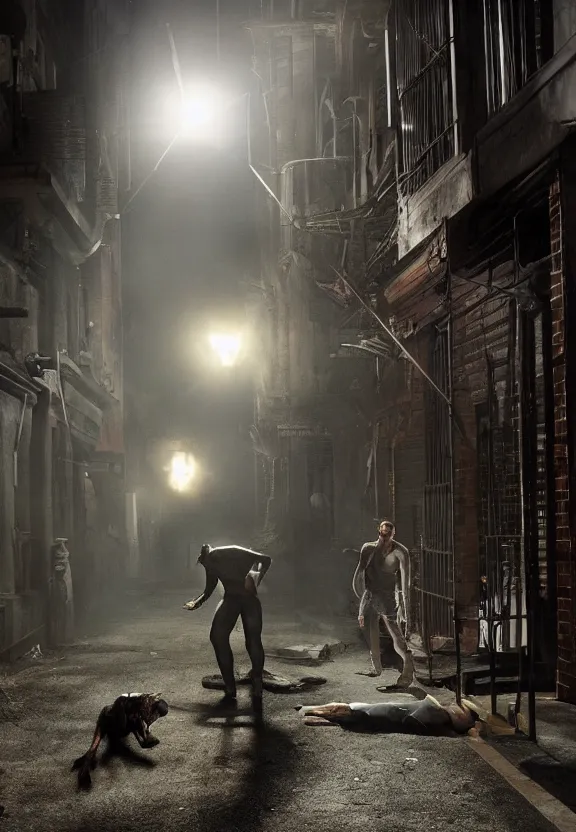 Prompt: a werewolf fighting a vampire in a dark brisbane alley, hd digital photography by gregory crewdson, hdr.