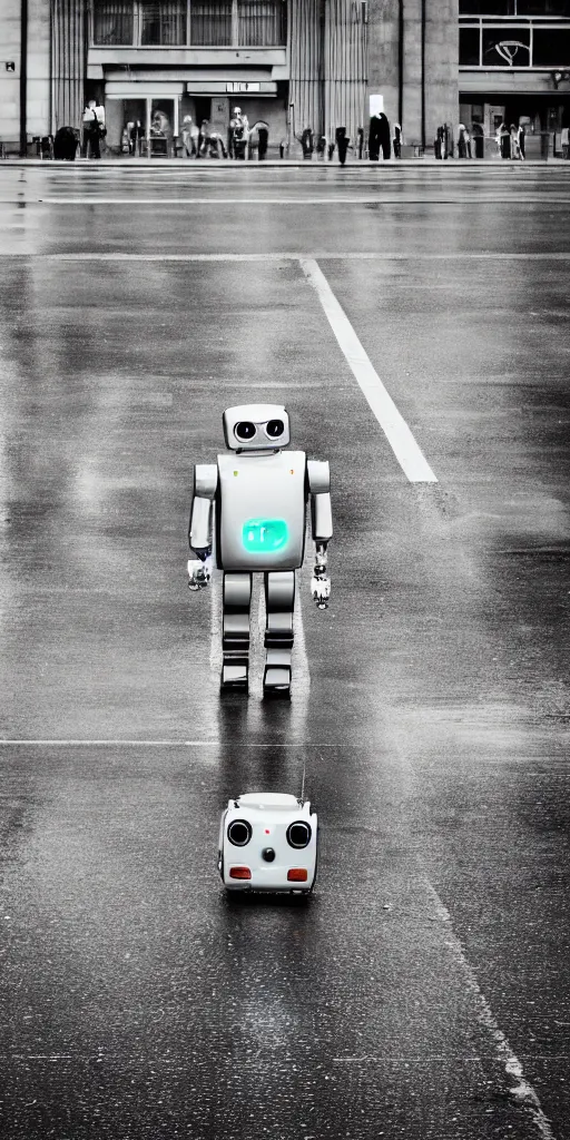 Prompt: robot on the road, city, photo, rain,