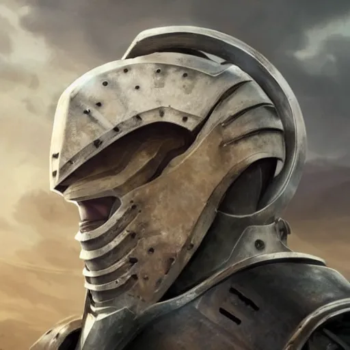 Image similar to majestic albino clone, visible face with sad expression, engineering diagram tattoos on forehead and rough features, angular steel aztec power armor, battlefield with strange coiled, spiral clouds, concept art by deak ferrand, greg rutkowski and carvaggio