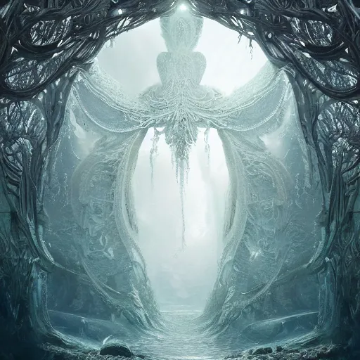 Image similar to under an white intricate like lace epic forest suspended in the air upside down, a white pool with intricate epic circles of water within floating female bio - robots, dressed in intricate veils and jewels, and an intricate mythological underwater city, epic environment, matte painting, diffused lighting, highly detailed, cinematic, epic atmosphere, digital art, trending on artstation, wide angle