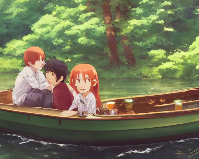 Image similar to a boy and girl sitting together in a wooden boat. Girl has long flowing auburn hair, boy has short hair. Boat is in narrow stream, trees, shady, ripples around boat. By Makoto Shinkai, Stanley Artgerm Lau, WLOP, Rossdraws, James Jean, Andrei Riabovitchev, Marc Simonetti, krenz cushart, Sakimichan, trending on ArtStation, digital art.