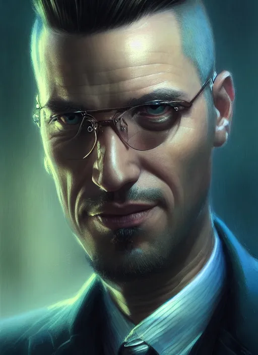 Image similar to closeup portrait shot of a male private detective in a scenic cyberpunk environment, intricate, elegant, highly detailed, centered, digital painting, artstation, concept art, smooth, sharp focus, illustration, artgerm, tomasz alen kopera, peter mohrbacher, donato giancola, joseph christian leyendecker, wlop, boris vallejo