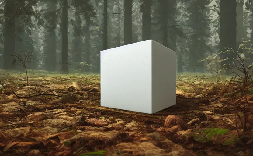 Image similar to one textured white metallic cube on the ground in the forest, realistic sci-fi painting by simon stålenhag, digital art, trending on artstation