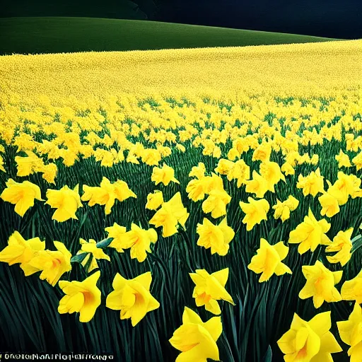 Prompt: i wandered lonely as a cloud, that floats on high o'er vales and hills, when all at once i saw a crowd, a host, of golden daffodils