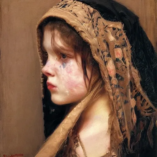 Image similar to portrait of a young girl covered in scars wearing a black hood, the young girl looks angry and seems to look for revenge, extremely detailed painting by gaston bussiere and j. c. leyendecker 8 k