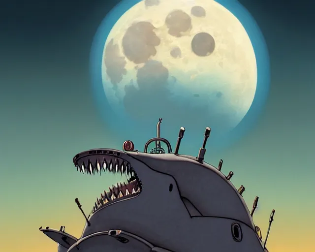 Image similar to a cell shaded cartoon grey lovecraftian mechanized shark from howl's moving castle ( 2 0 0 4 ), with a big head, on a desert road, wide shot, in front of a big moon, muted colors, post grunge, josan gonzales, wlop, by james jean, victor ngai, hq, deviantart, art by artgem