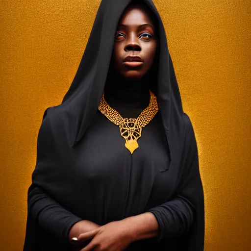 Image similar to a portrait of a young black woman wearing a long dark cloak, hood and shadows covering face, holding golden jewelry, oil painting, matte painting, black background, Volumetric Golden dappled dynamic lighting, Highly Detailed, Cinematic Lighting, Unreal Engine, 8k, HD, by Beksinski