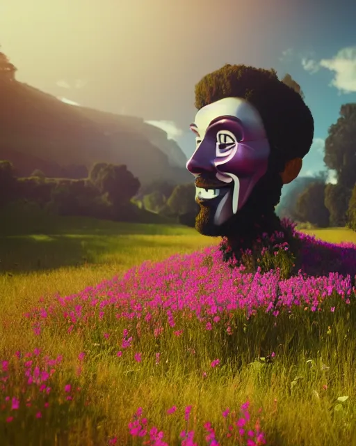 Image similar to beautiful happy landscape, anonymous head, beautiful flowers growing, in the style of beeple and mike winkelmann, intricate, epic lighting, cinematic composition, hyper realistic, 8 k resolution, unreal engine 5, raytracing, reflections, ultraviolet colors